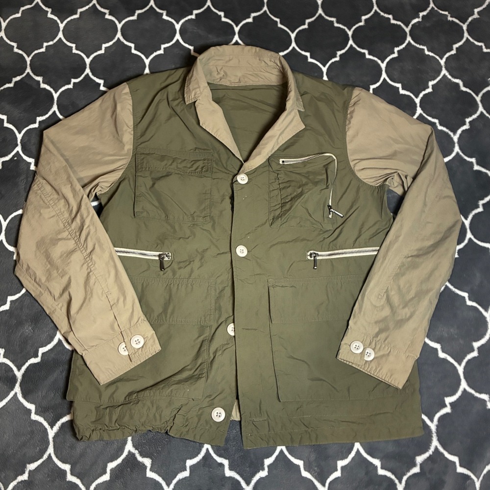 Zara Mens Utility Field Jacket Small Olive Green Tan Nylon Multi Pocket Chore